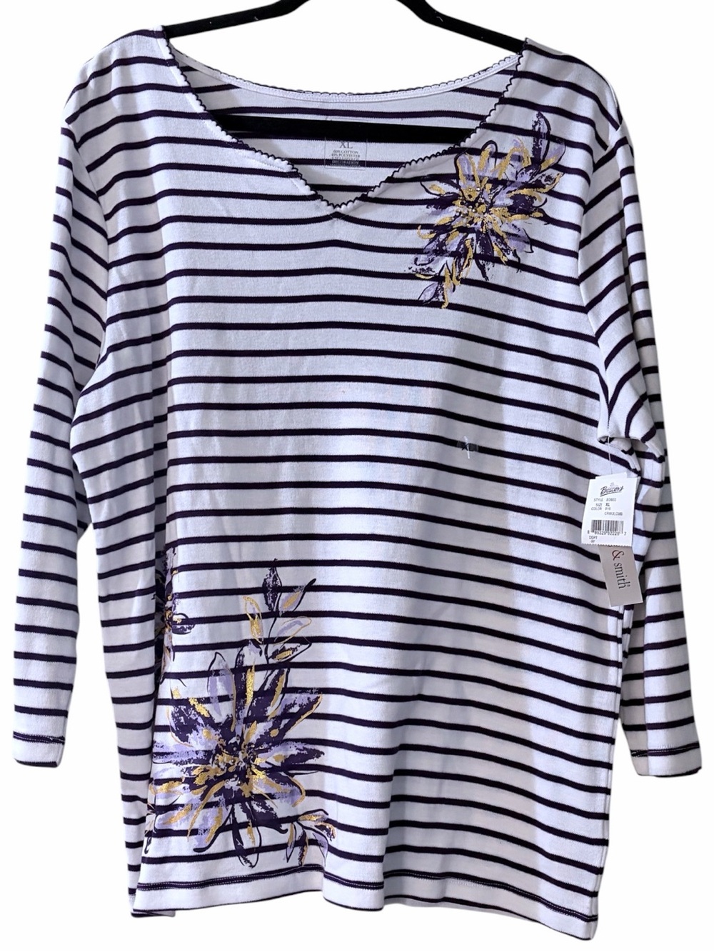 NWT Dark Purple Striped Floral 3/4 Sleeve Cotton Blend Top XL